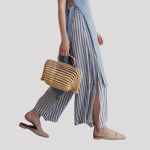 Bamboo Top Handle Bag Woven Handbag for Beach