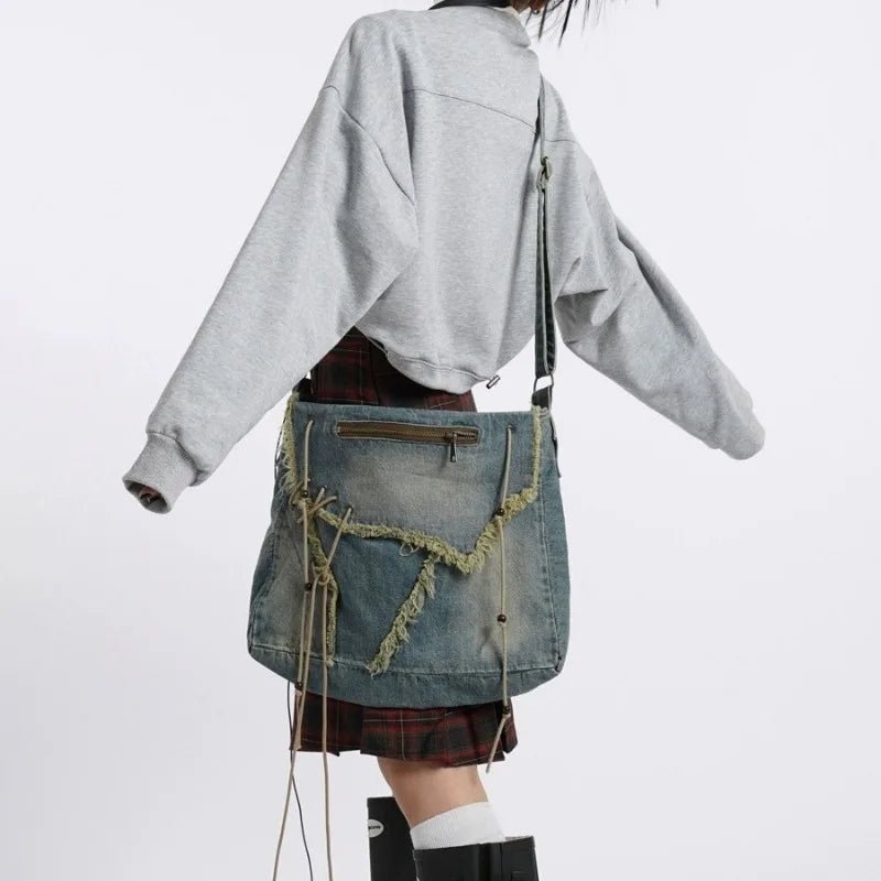 Washed Denim Shoulder Bag Raw Edge Girls Handbag