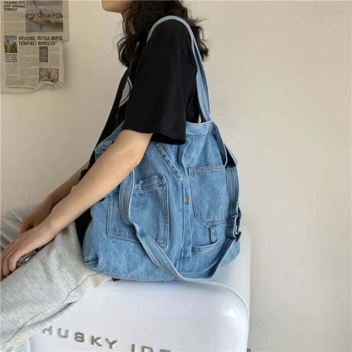 Designer Denim Blue Jeans Bags with Three Straps