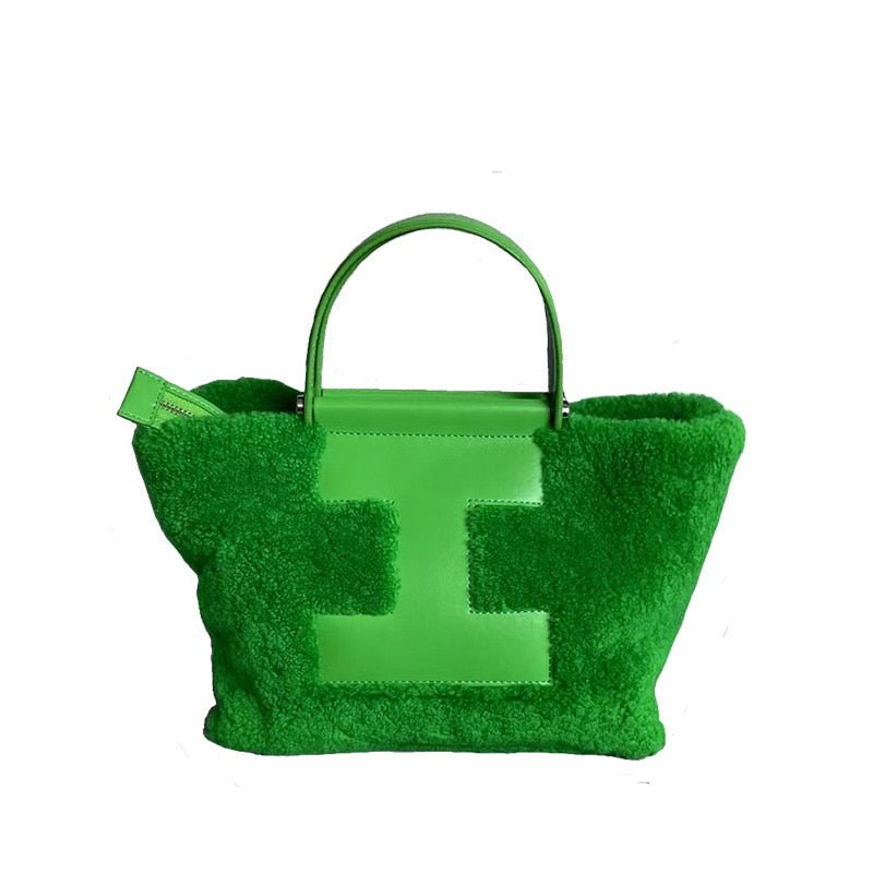 Green Genuine Sheepskin Handbag Square Commuter Tote