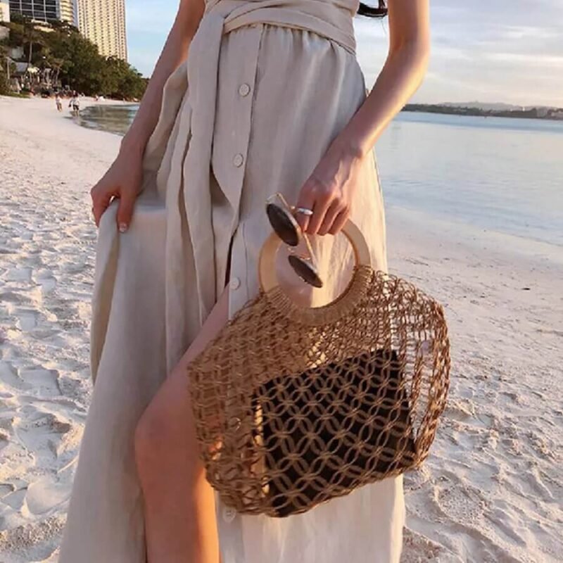 Australia Grass Woven Bag Mesh Weaving Wooden Handle Handbags Travel Bag