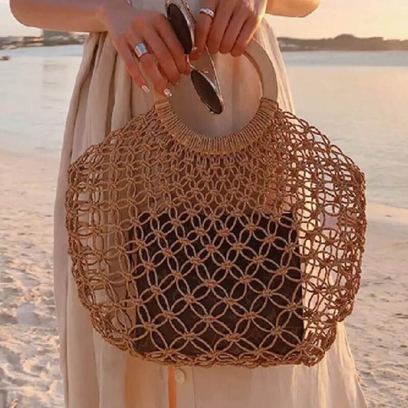 Australia Grass Woven Bag Mesh Weaving Wooden Handle Handbags Travel Bag