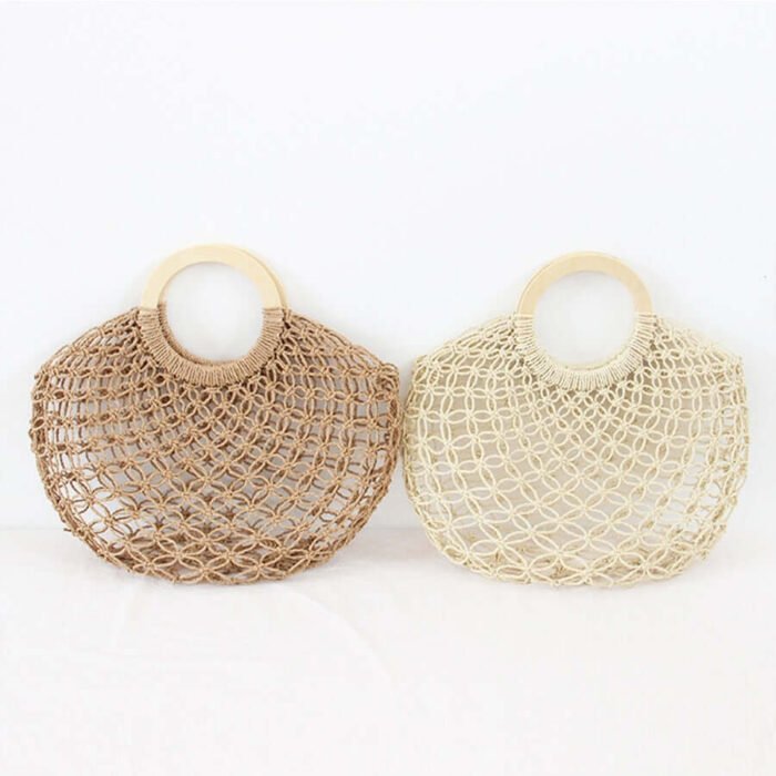 Australia Grass Woven Bag Mesh Weaving Wooden Handle Handbags Travel Bag