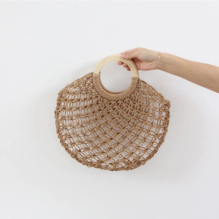 Australia Grass Woven Bag Mesh Weaving Wooden Handle Handbags Travel Bag