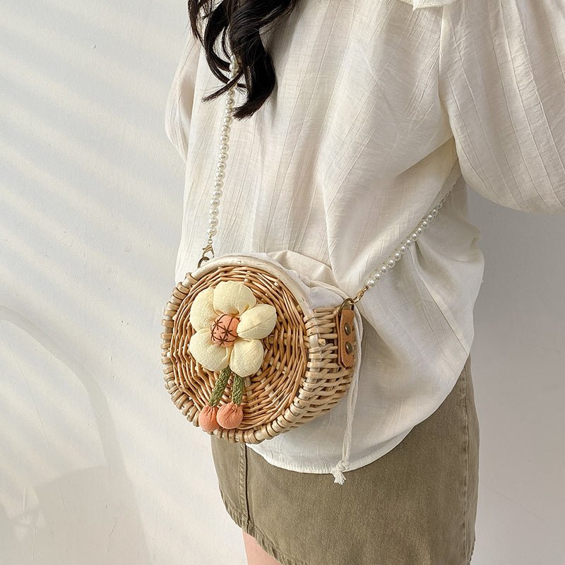 Round Crossbody Wicker Straw Bag with Pear Chain