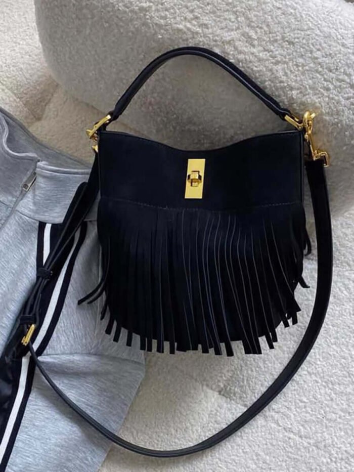 Bucket Fringe Frosted Leather Crossbody Bag