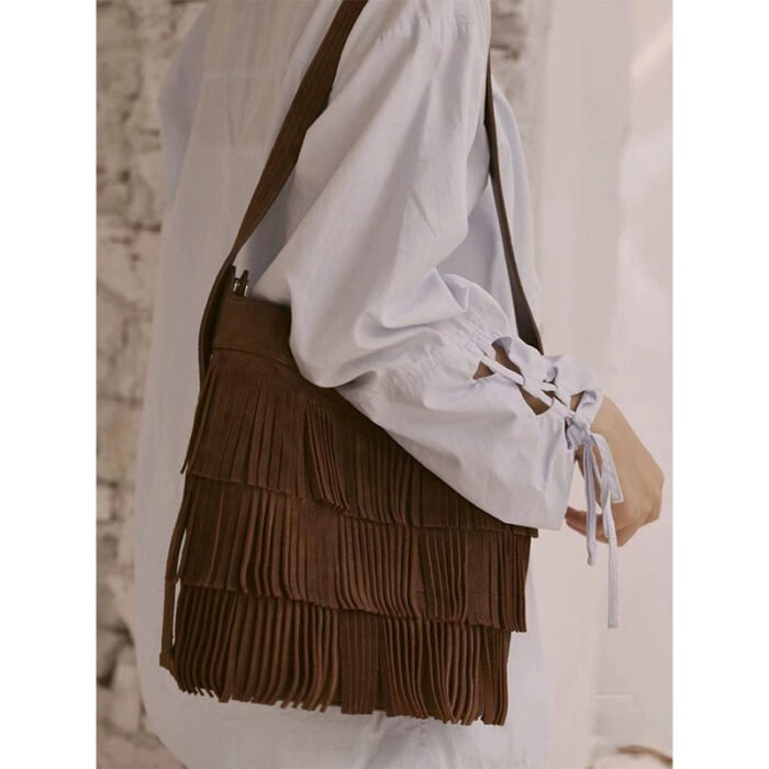 Suede Women's Design Bucket Fringe Purse Bag