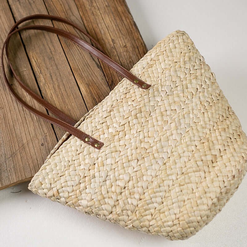 Khaki Summer Straw Basket Tote Bag for Beach