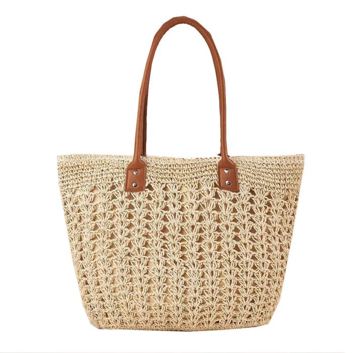 Modern Straw Tote Bag with Leather Handles