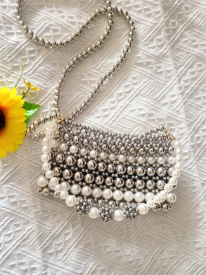 Silver Beaded Pearl Patchwork Woven Crossbody Bag