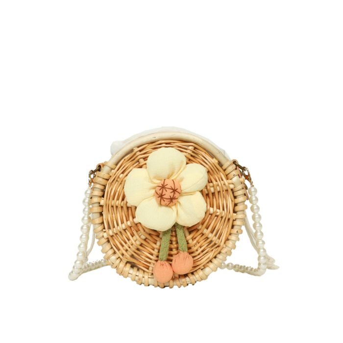 Round Crossbody Wicker Straw Bag with Pear Chain