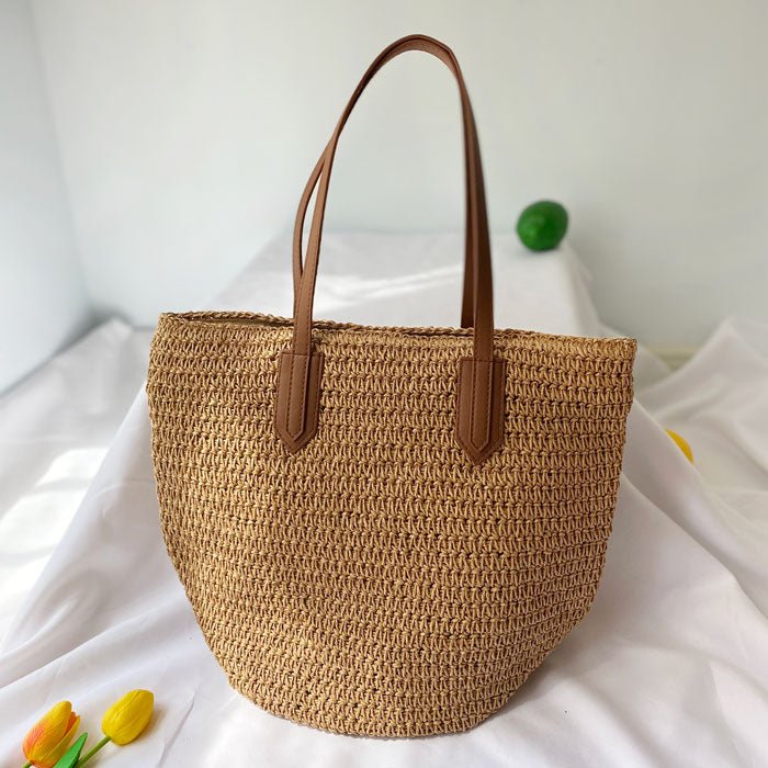 Summer Large Straw Tote Bag with Leather Belt