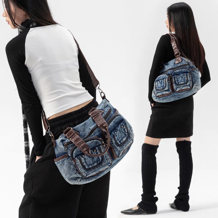 Wash Jeans Locomotive Patchwork Large Crossbody Bag