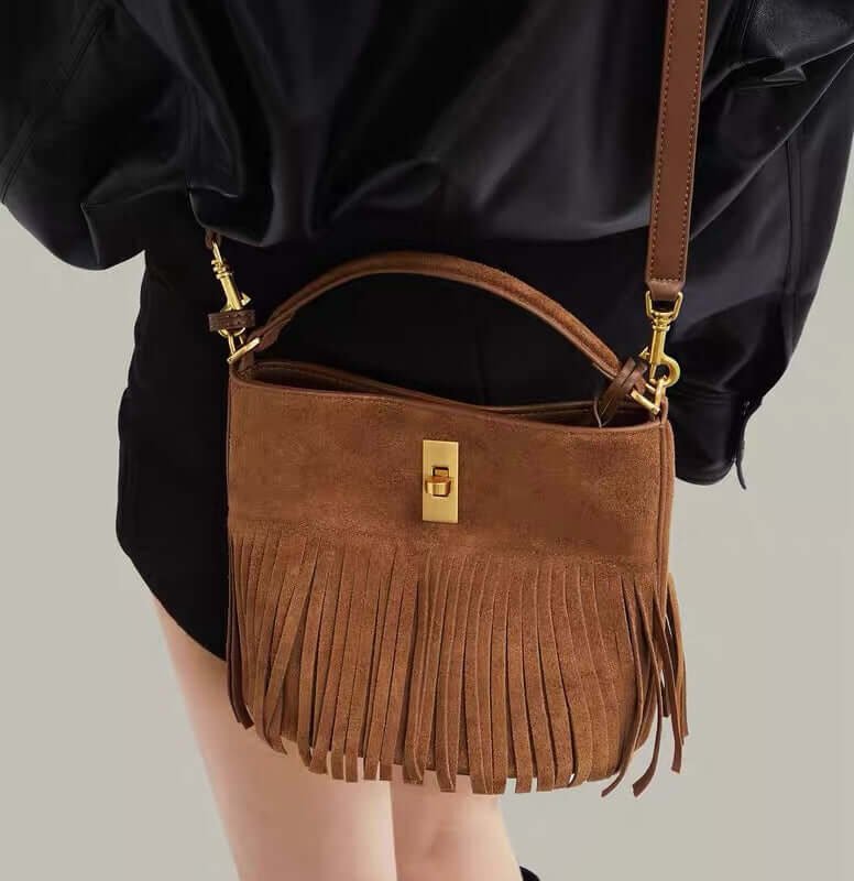 Bucket Fringe Frosted Leather Crossbody Bag