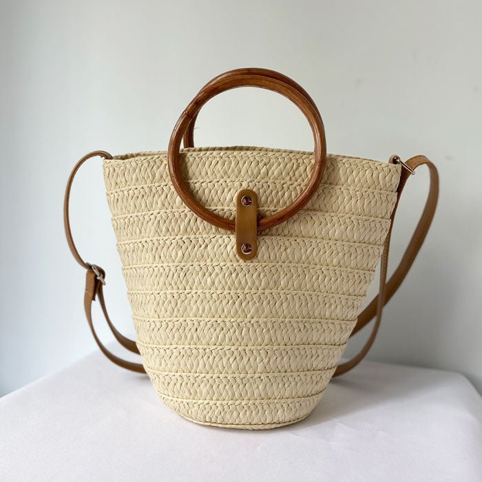 Summer Round Bucket Straw Basket Bag Beige