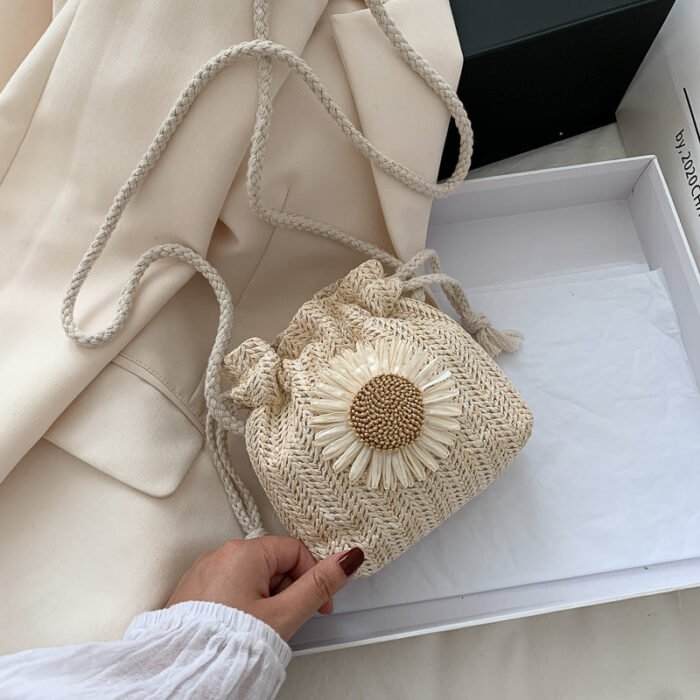 Summer Sunflower Straw Bucket Crossbody Bag White