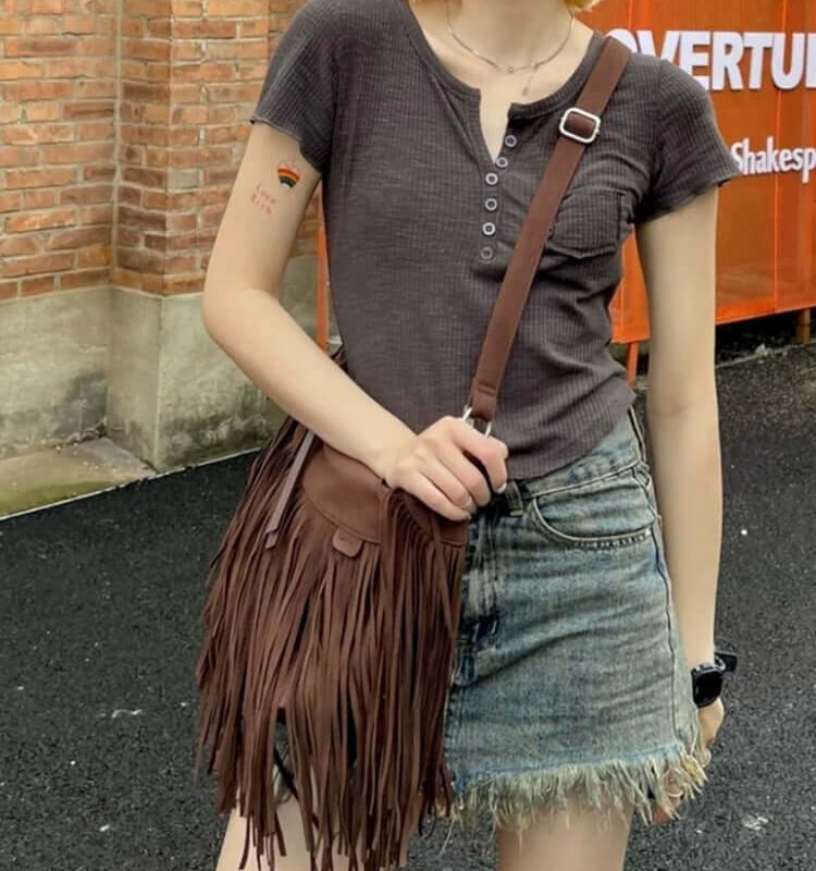 Brown American Suede Fringe Crossbody Bag