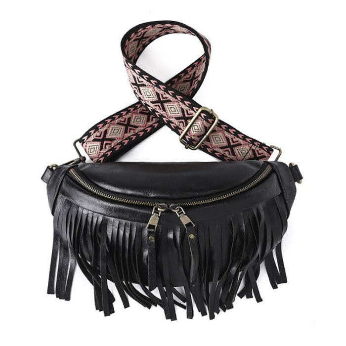 Leather Wide Shoulder Strap Chest Bag with Fringe