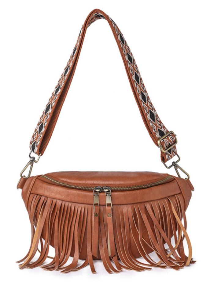 Leather Wide Shoulder Strap Chest Bag with Fringe