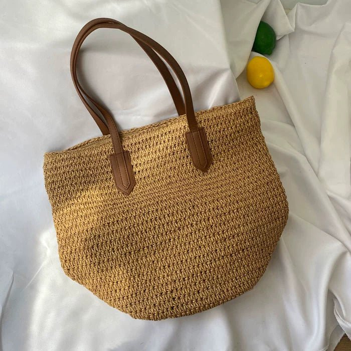 Summer Large Straw Tote Bag with Leather Belt