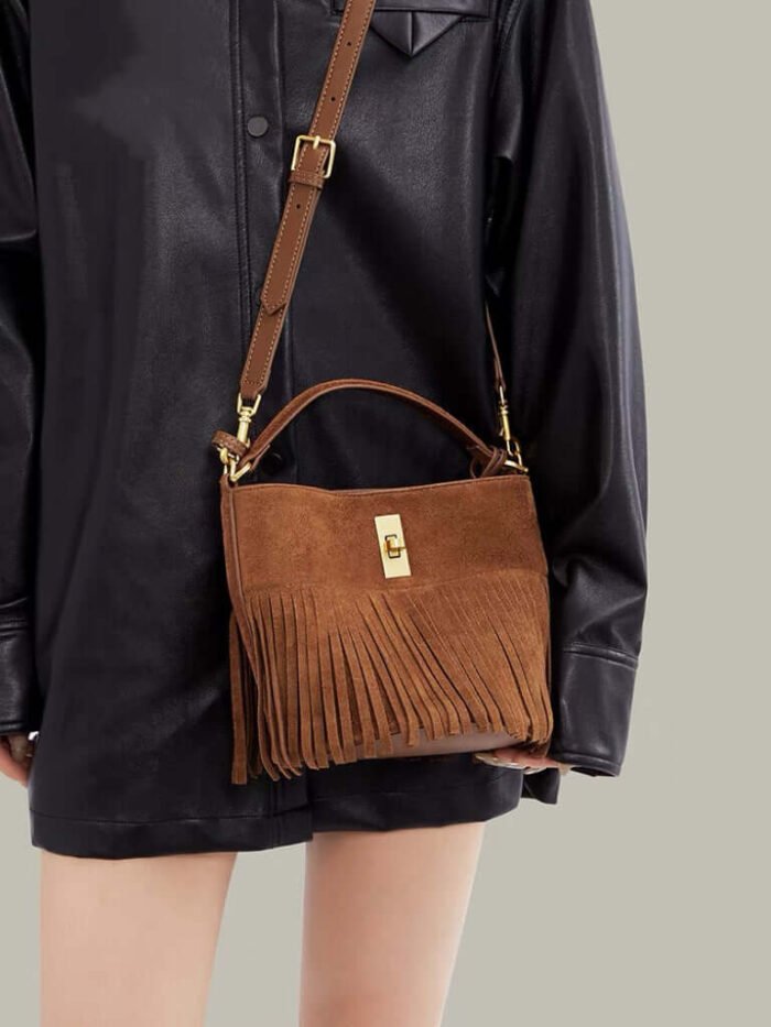 Bucket Fringe Frosted Leather Crossbody Bag