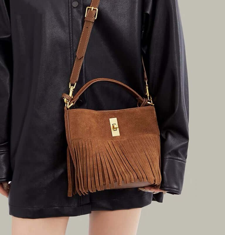 Bucket Fringe Frosted Leather Crossbody Bag