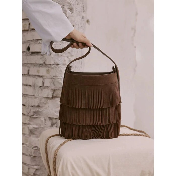 Suede Women's Design Bucket Fringe Purse Bag