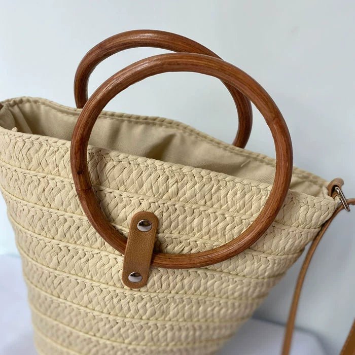 Summer Round Bucket Straw Basket Bag Beige