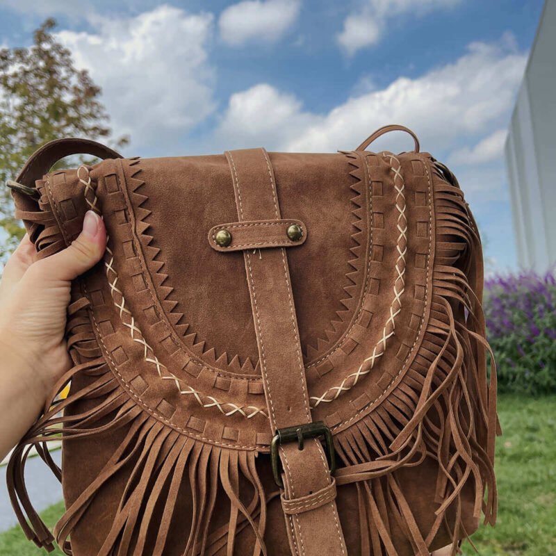 Frosted Fringed Large Suede Crossbody Purse Brown