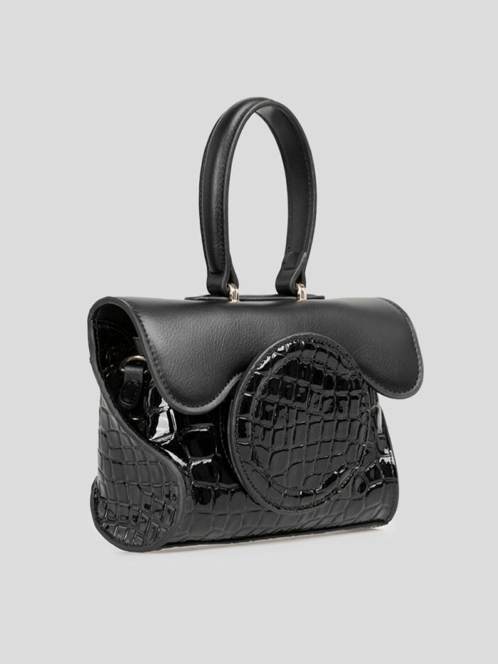 Black Geometric Square Croc Pattern Mini Leather Bag