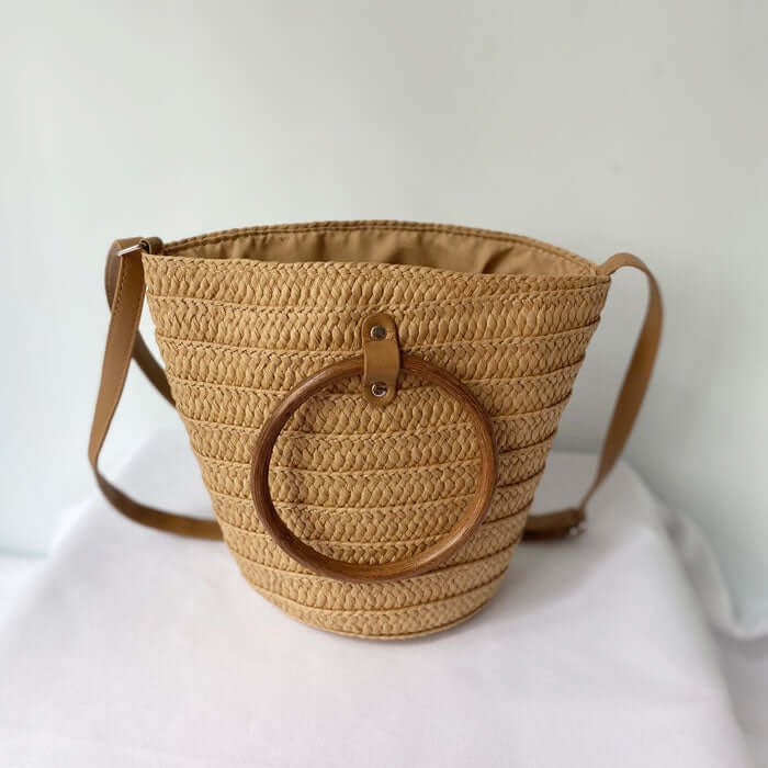 Beach Round Crossbody Basket Straw Bag Brown