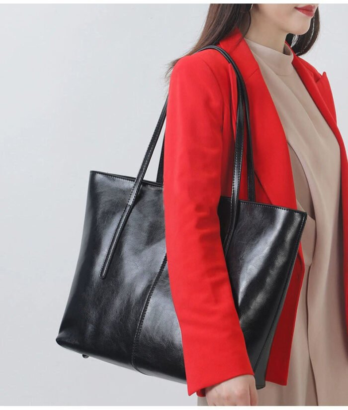 Black Commuting Large Leather Tote Bag for Work Women