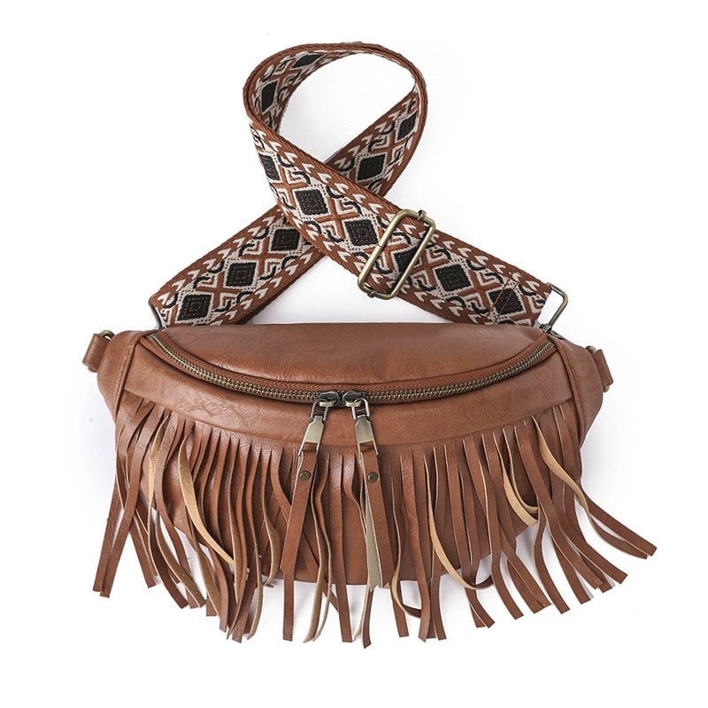 Leather Wide Shoulder Strap Chest Bag with Fringe