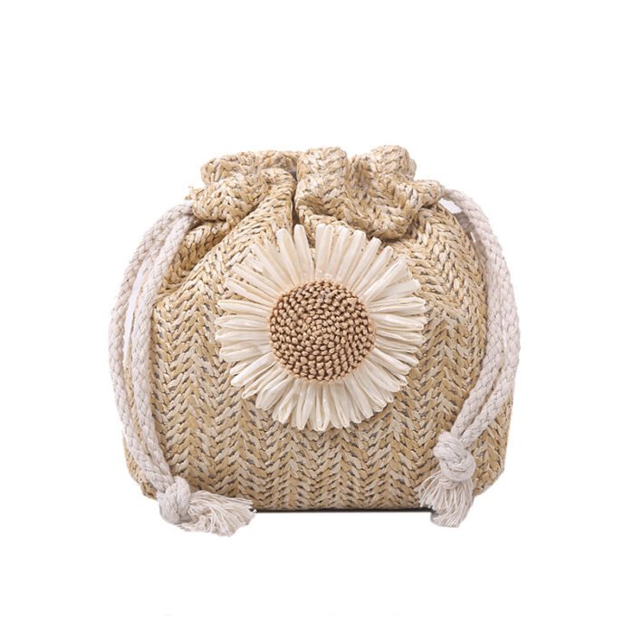 Summer Sunflower Straw Bucket Crossbody Bag White