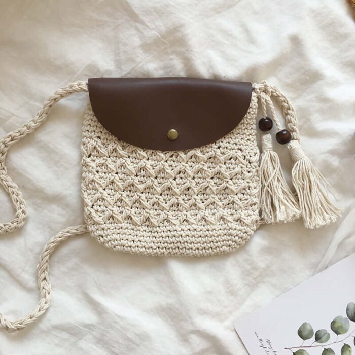 Cute Handmade Crochet Flip Bag with Tassel Apricot