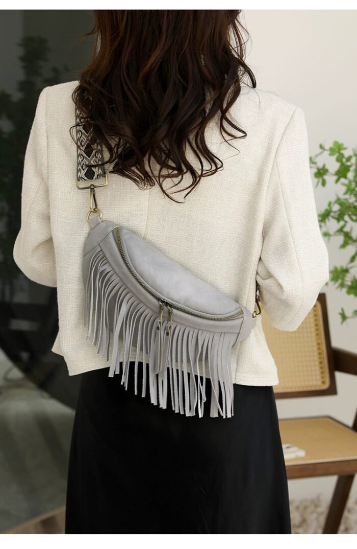 Leather Wide Shoulder Strap Chest Bag with Fringe