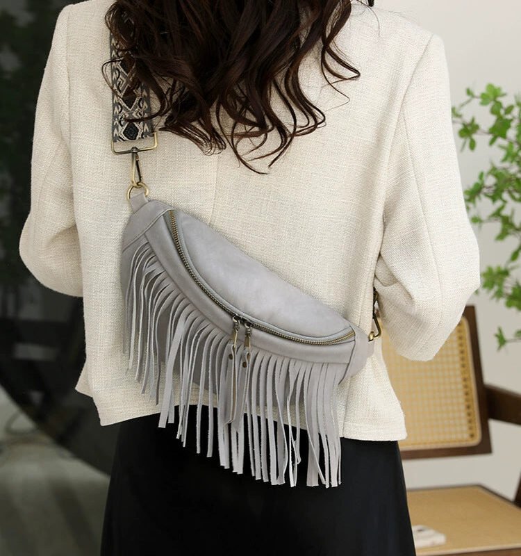 Leather Wide Shoulder Strap Chest Bag with Fringe