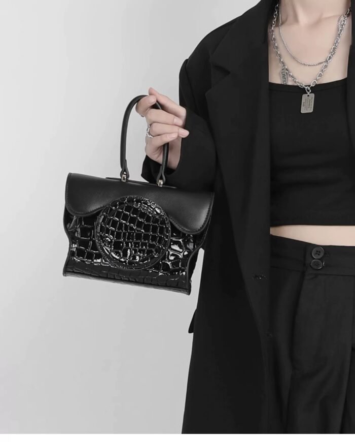 Black Geometric Square Croc Pattern Mini Leather Bag