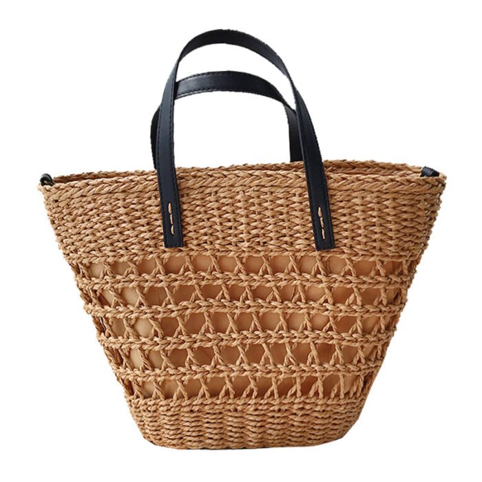 White Summer Straw Bucket Tote with Leather Handle