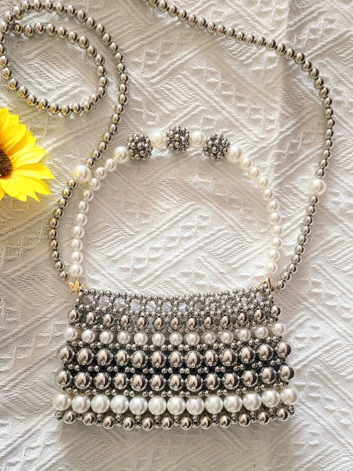 Silver Beaded Pearl Patchwork Woven Crossbody Bag