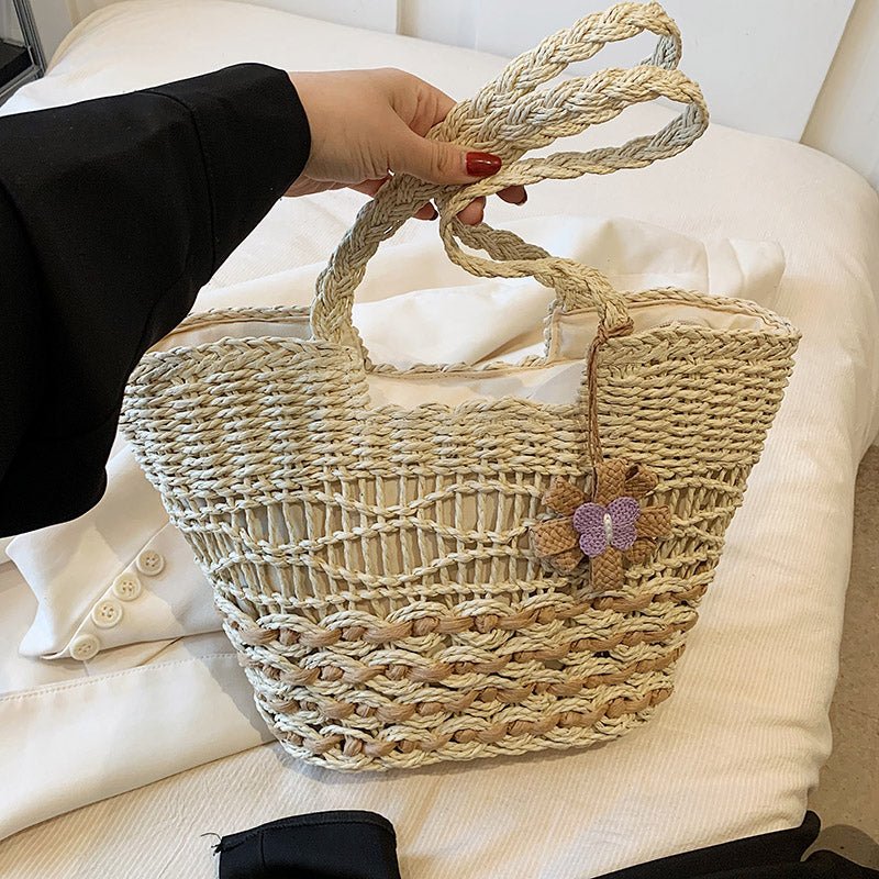 White Woven Straw Tote Bag with Flower Decoration