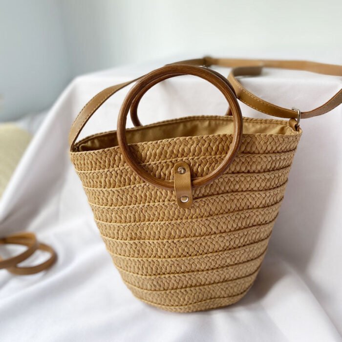 Summer Round Bucket Straw Basket Bag Beige