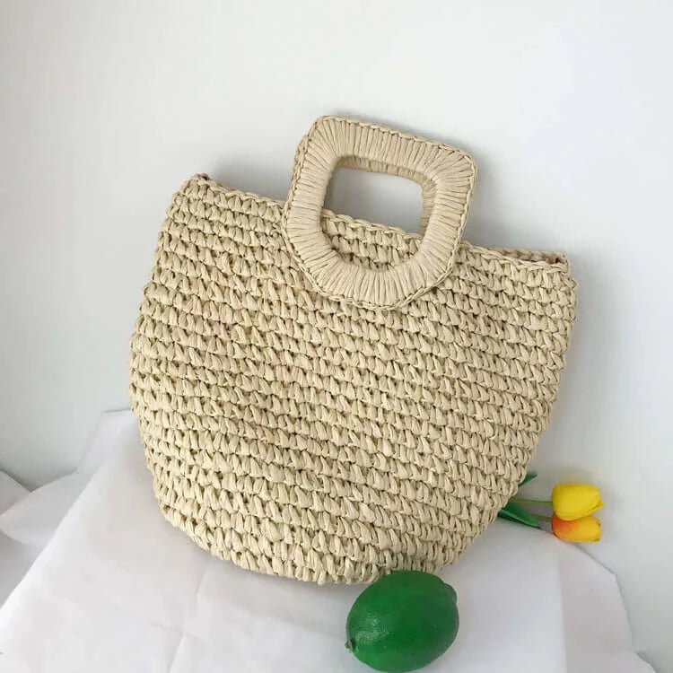 Handmade Straw Bucket Bags with Top Handle