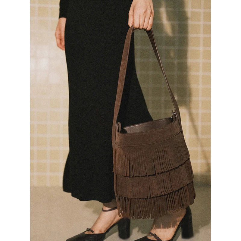 Suede Women's Design Bucket Fringe Purse Bag