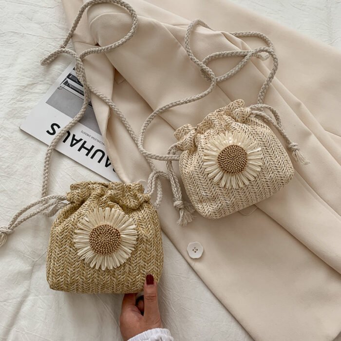 Summer Sunflower Straw Bucket Crossbody Bag White