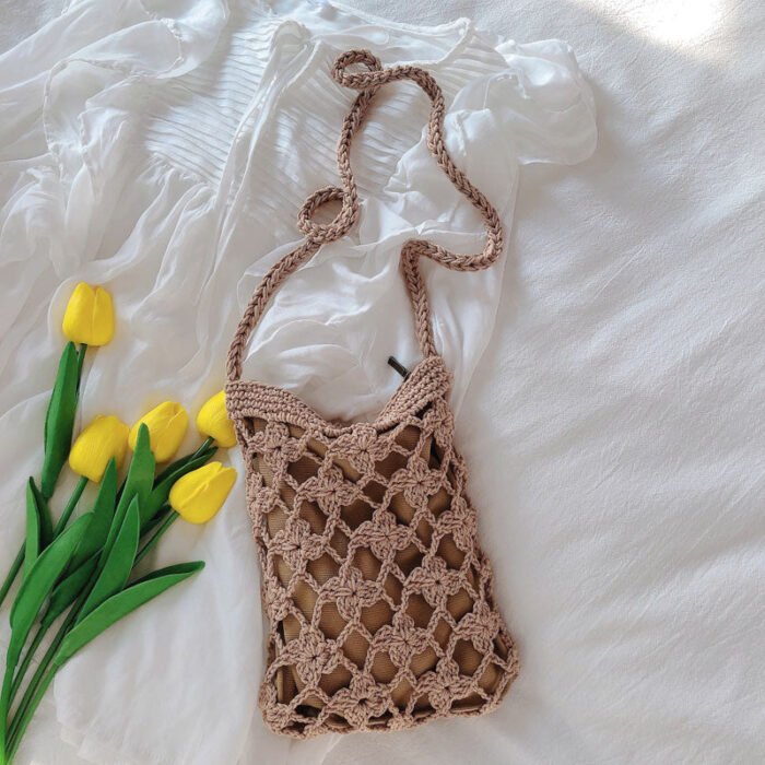 Handmade Small Knitted Hollow Crossbody Bag Brown