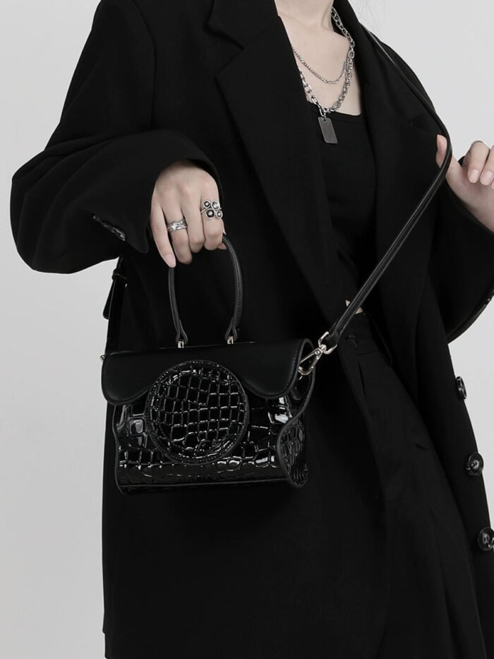 Black Geometric Square Croc Pattern Mini Leather Bag