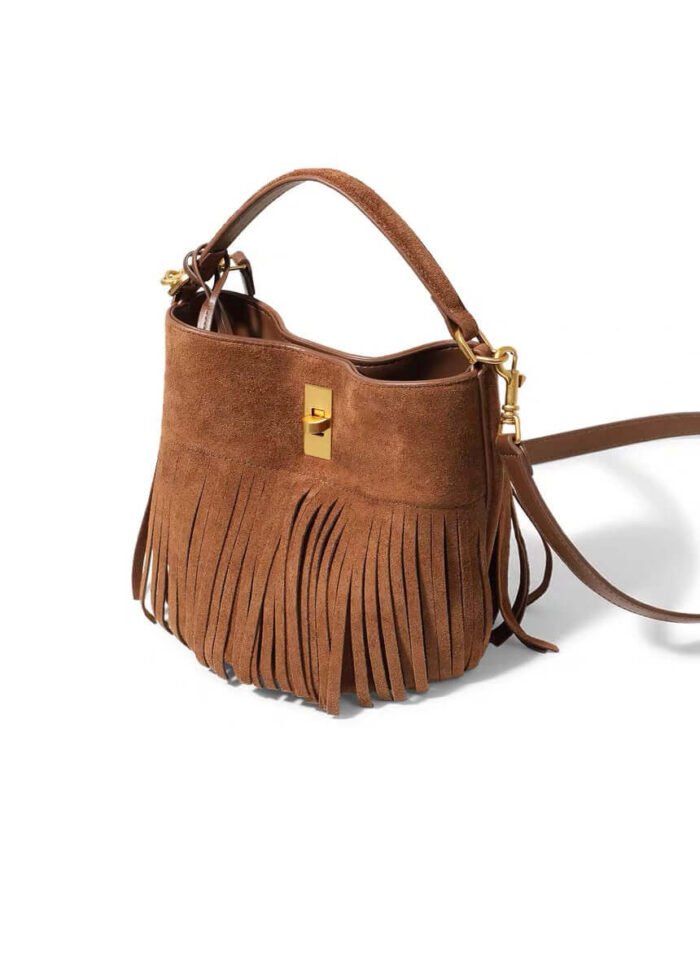 Bucket Fringe Frosted Leather Crossbody Bag