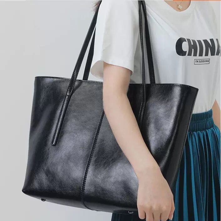 Black Commuting Large Leather Tote Bag for Work Women