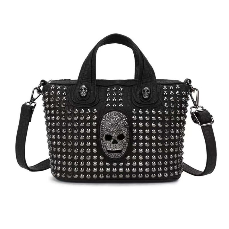 Black Leather Top Handle Rivet Studded Goth Bags With Strap